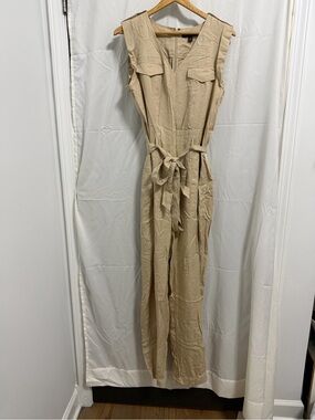 Banana Republic Sleeveless Beige Utility Jumpsuit with Tie Belt